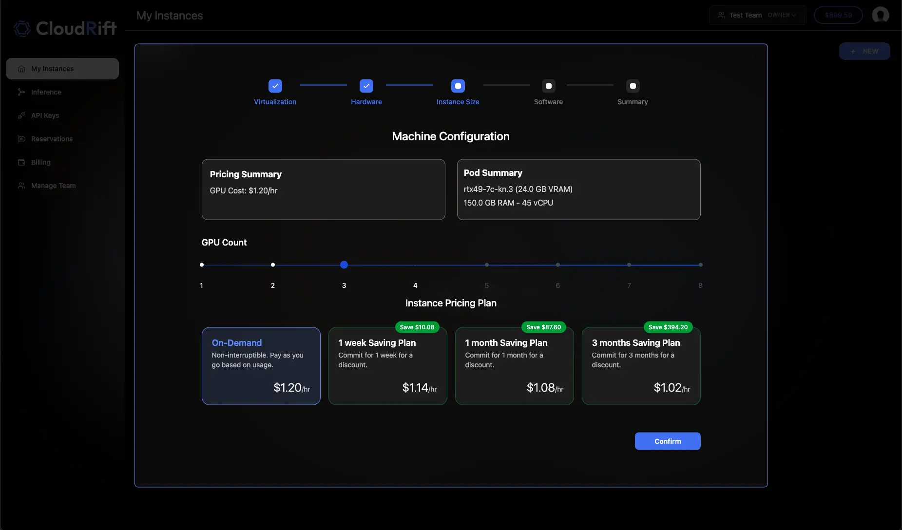 CloudRift long-term GPU reservation configuration interface showing payment plans and capacity allocation