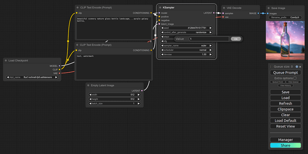 A screenshot of the Comfy UI web interface displaying several nodes and connections.