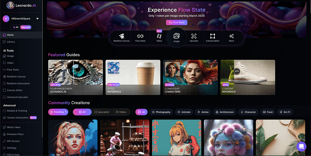 Dashboard of the leonardo.ai dashboard, containing user generated image content.