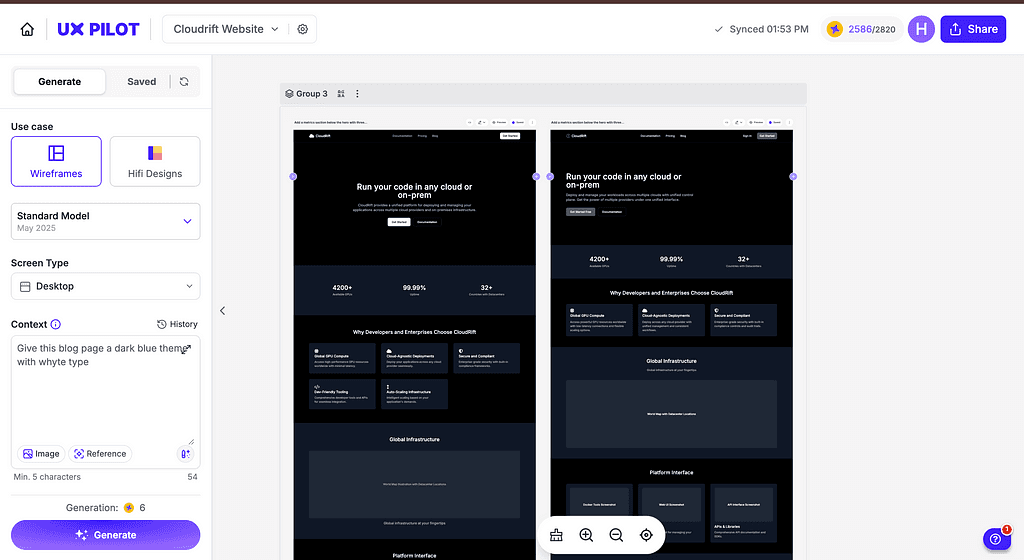 Screenshot of UXPilot’s interface, a solution to generate User Interfaces based on a user’s prompt. Image shows two iterations on a design for a website.