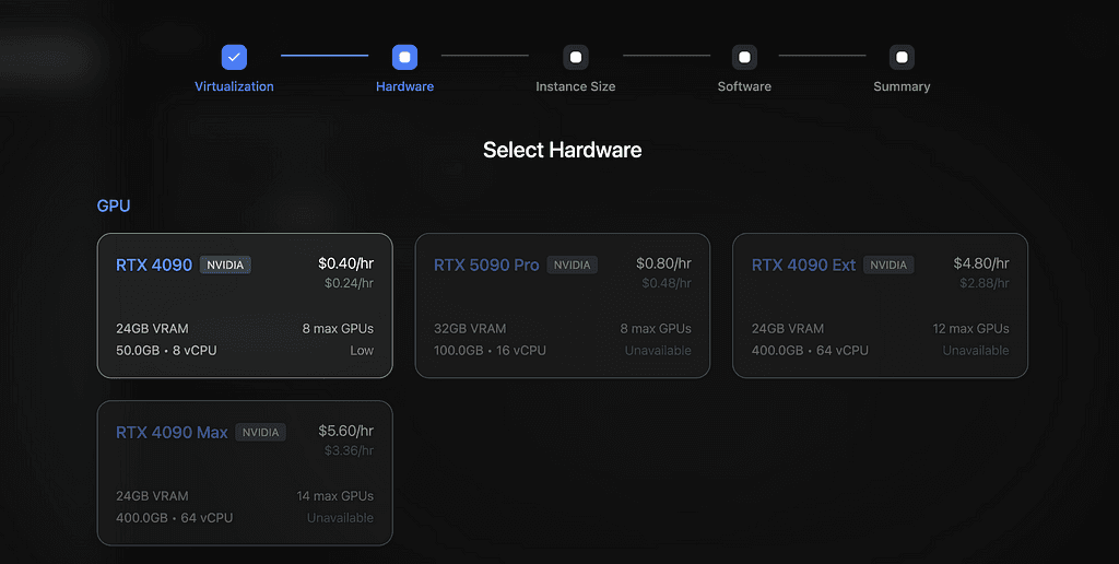 Screenshot of the interface of the GPU marketplace NeuralRack displaying different GPU models for rent