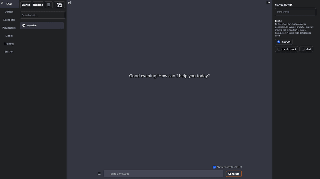 A screenshot of the User Interface of Oogabooga WebUI in its pristine state.