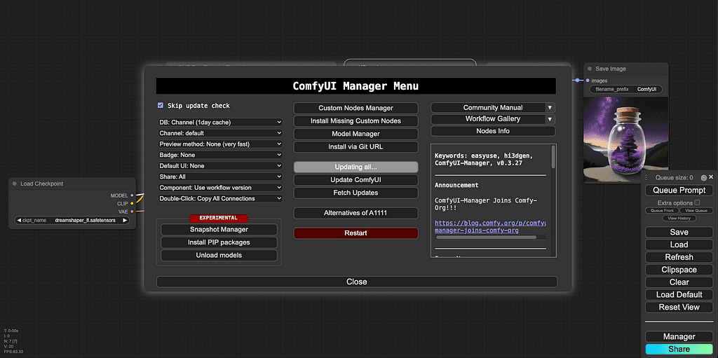 A screenshot of the Comfy UI web interface displaying the manager menu. From here, we can run updates and install other nodes and models.