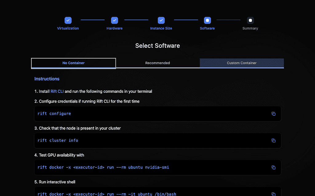 Screenshot displaying the rental process for GPUS. The chosen tab here is the “No Container” tab which contains a list of the most important commands we will be needing in this tutorial