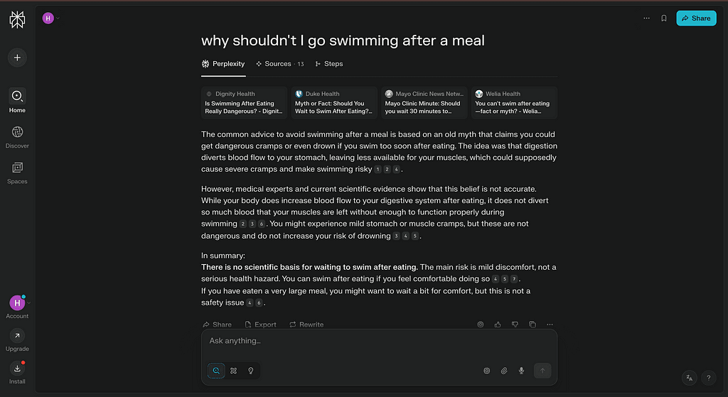 screenshot showing perplexity.ai, depicting the interface after it has given the user a response to its query.