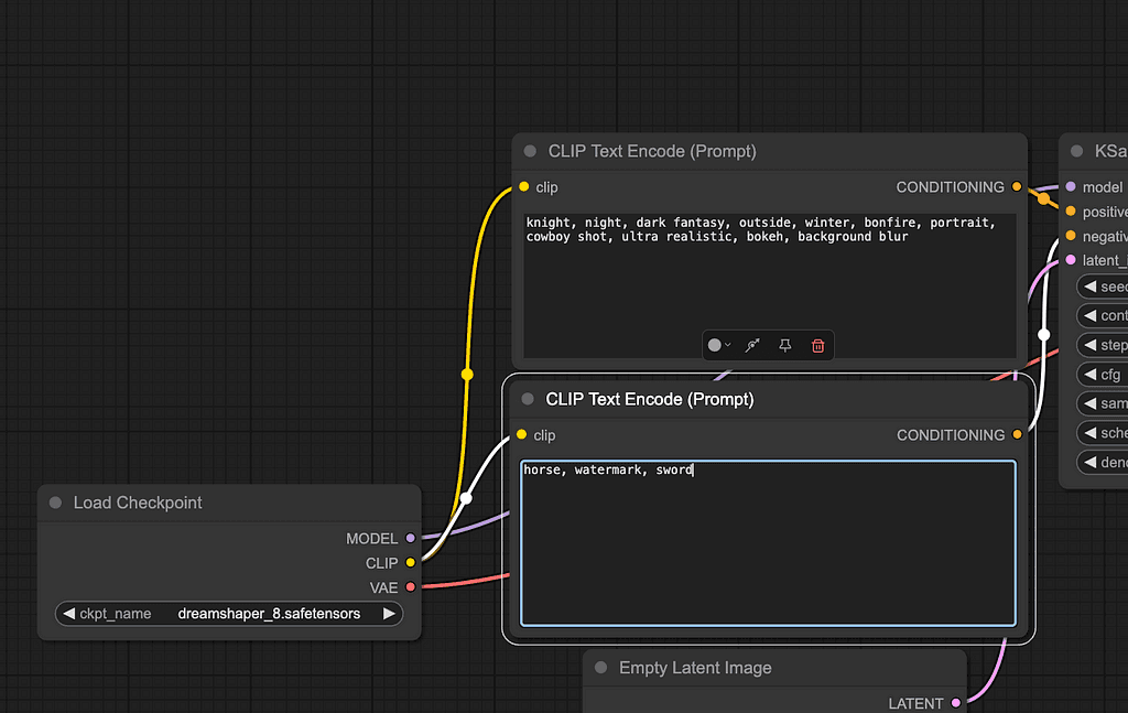 A screenshot of the Comfy UI web interface displaying checkpoint selector as well as the prompt and negative-prompt nodes.