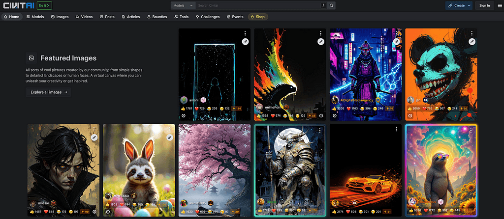 Screenshot of the homeage of civitai.com, an AI community focused on AI generated Images and Videos