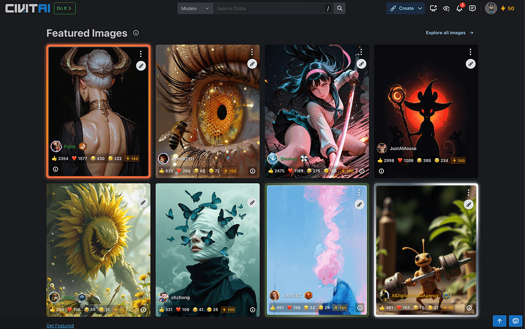 CivitAIs dashboard — a feed consiting of artworks generated by users.