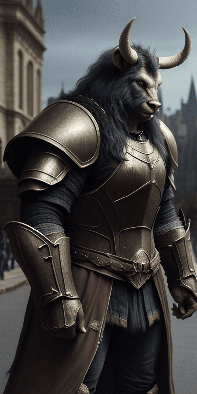 AI Generated image of a realistic looking minotaur in a medieval setting wearing heavy armor