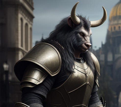 AI Generated image of a realistic looking minotaur in a medieval setting wearing heavy armor