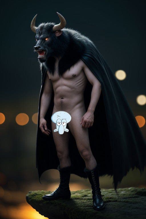 AI generated Portrait of a medieval minotaur-looking character, tastefully censored. The AI messed up and depicts the character with a capeand  boots, but without pants or underwear.