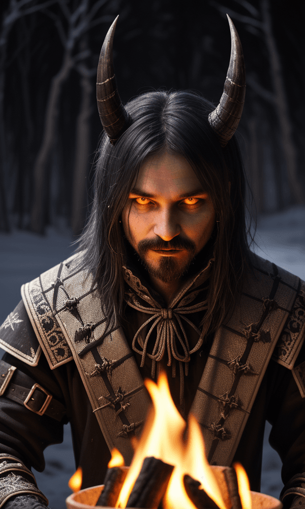 AI Generated image of a demonic looking man with glowing red eyes and horns looking into the camera