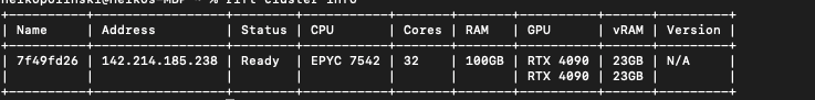 A screenshot of the result of our CLI command. It displays a table containing our identifier, available RAM, the GPUs we rented out and some other information pertaining to our workspace.