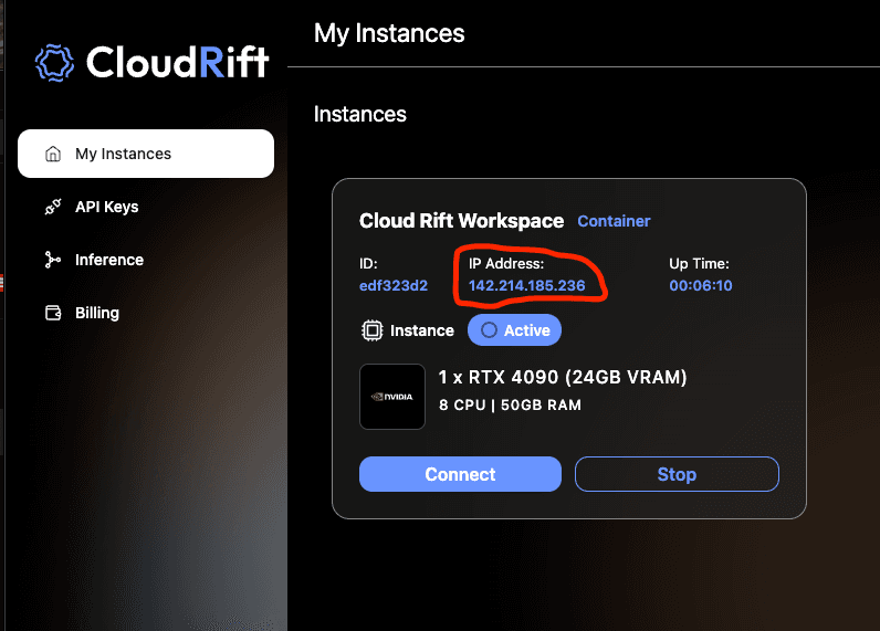 Screenshot of the CloudRift WebUI, showing the summary of the rented workspace and highlighting the IP Adress.