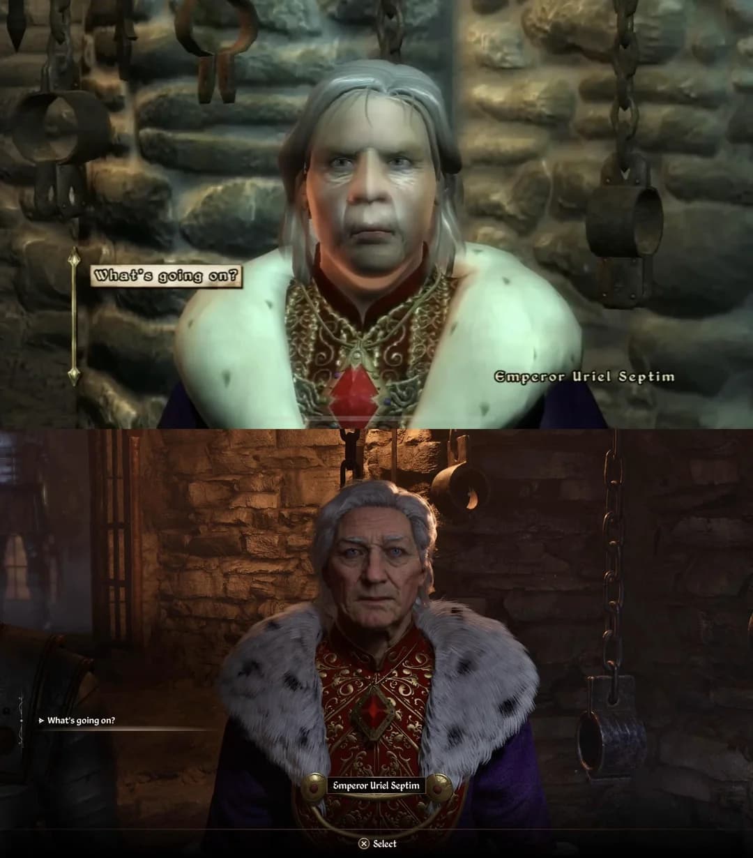The "ugly" by today's standards non-remastered Oblivion looked gorgeous in 2006. It has won the "Best Graphics" and "Best Technology" awards from several gaming websites. Notice how the bump mapping algorithm was leveraged to create the illusion of bumps on the wall and wrinkles on the emperor's face. In the original version, the wall is entirely flat, and wrinkles are not modelled in the geometry.