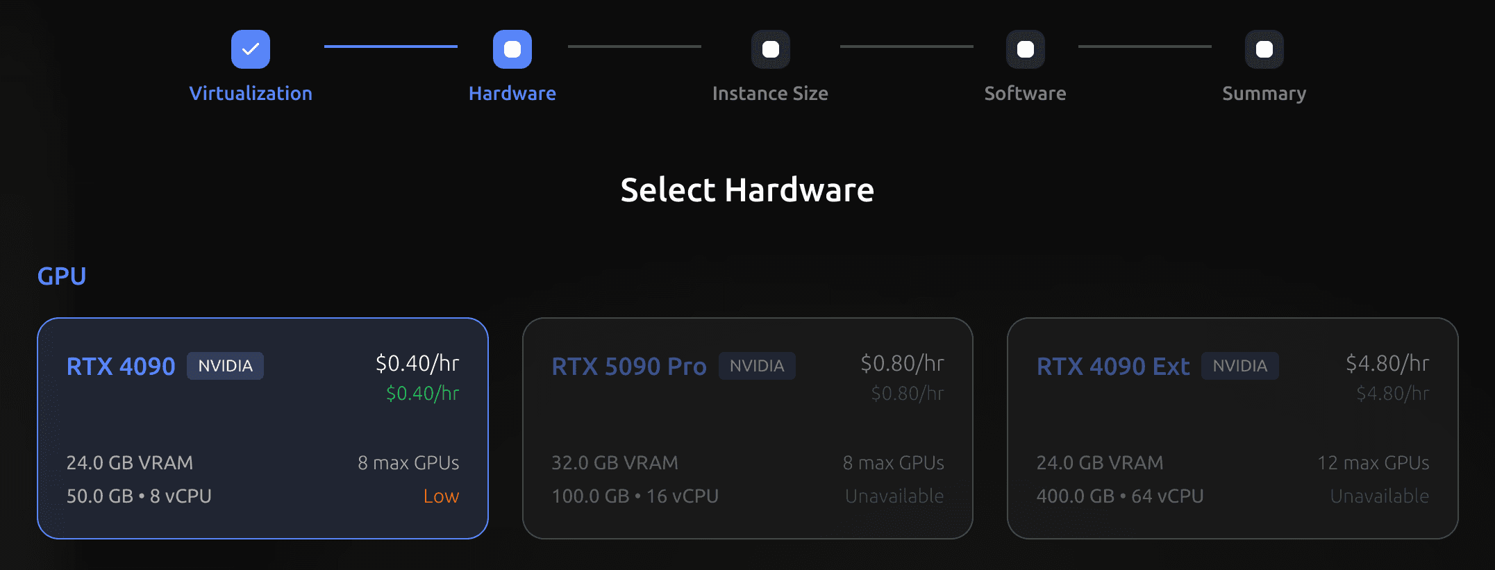 RTX 4090 GPU selection screen on CloudRift console for DeepSeek model deployment