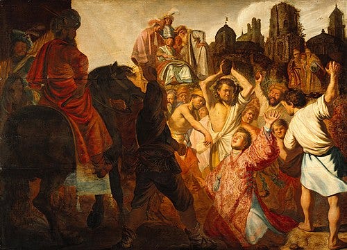 Early depiction of a performance review. The Stoning of Saint Stephen, Rembrandt. Image from Wikipedia.