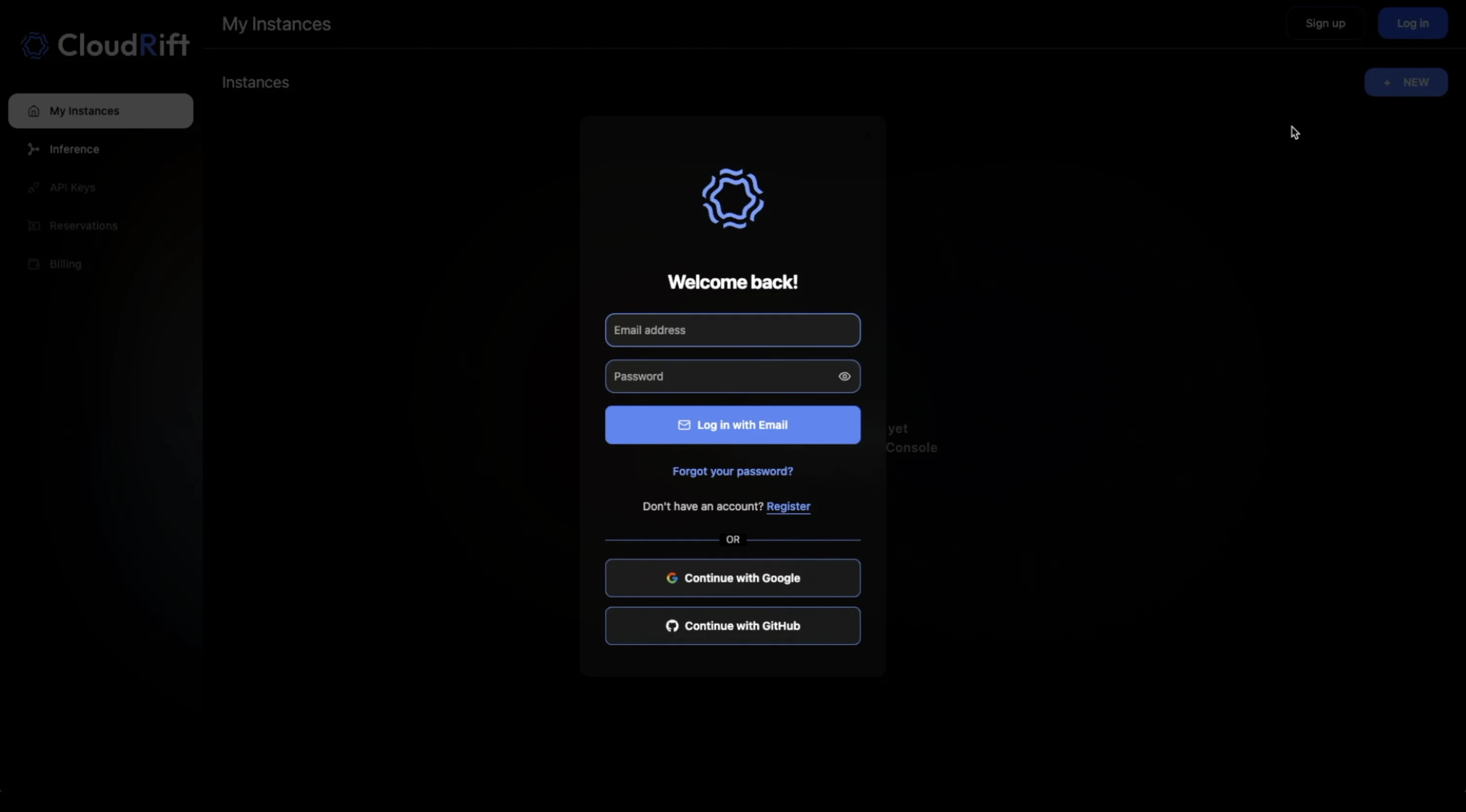 CloudRift Login Screen