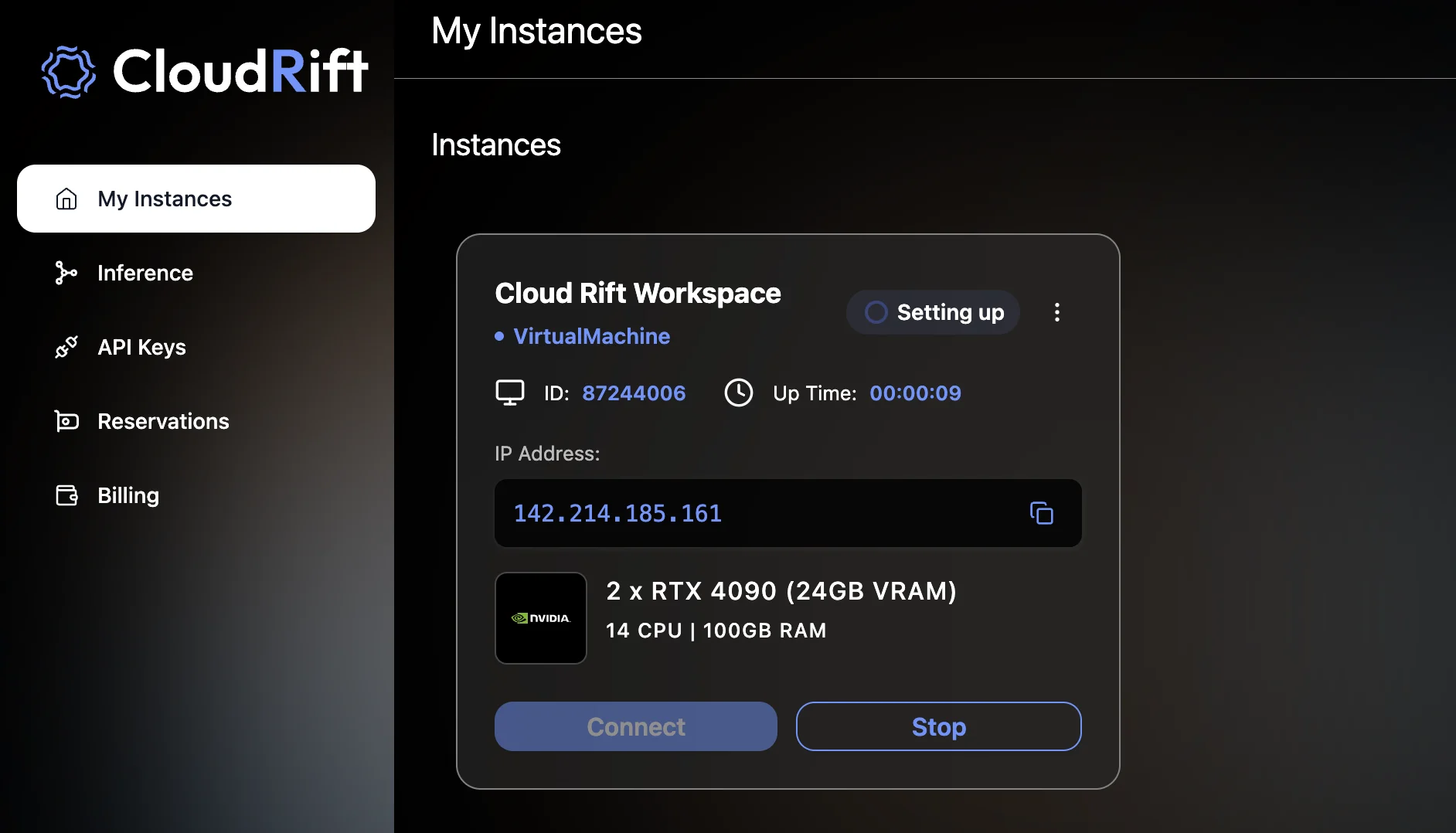 Find your VM's IP address in the CloudRift dashboard