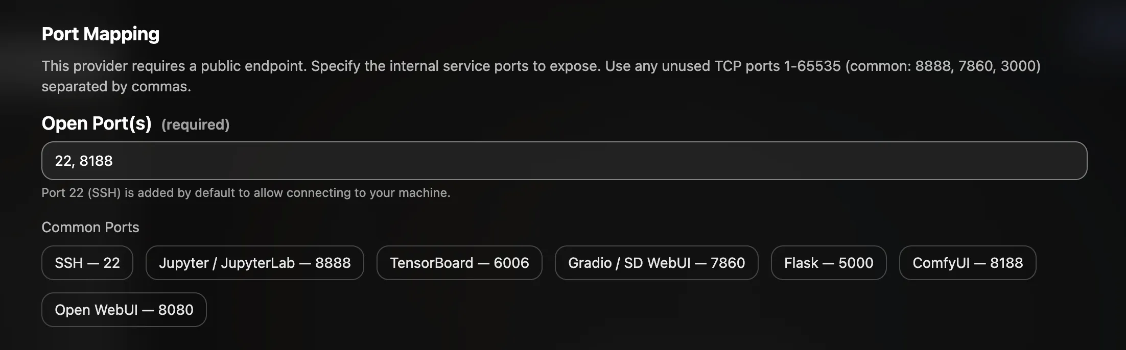 Add port 8188 in the Port Mapping section during VM setup
