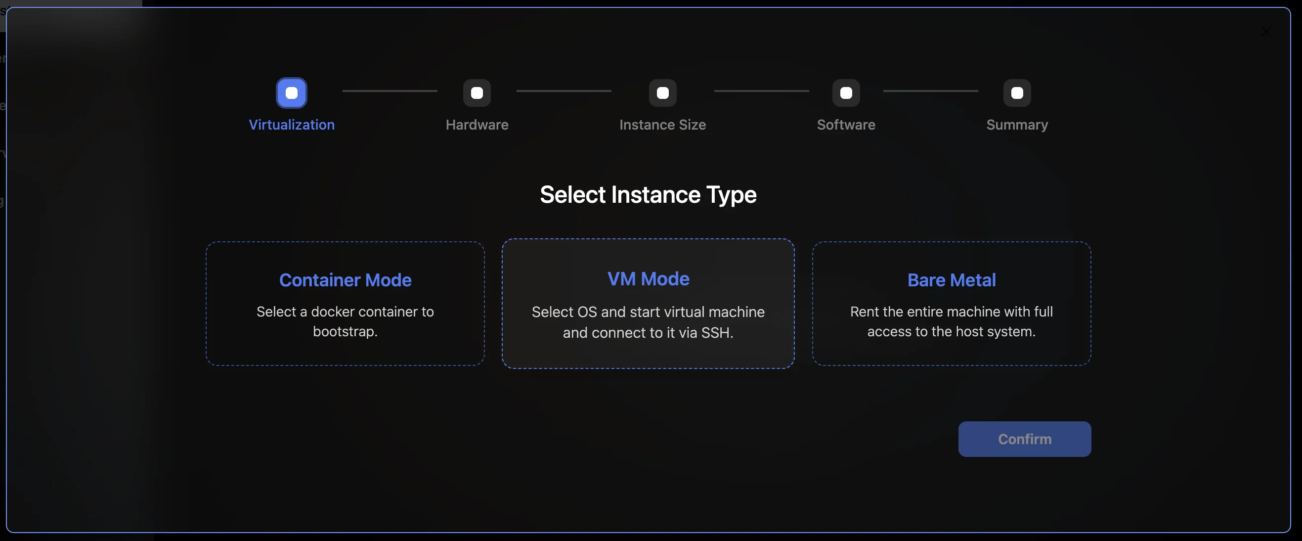 Select VM under the Virtualization step