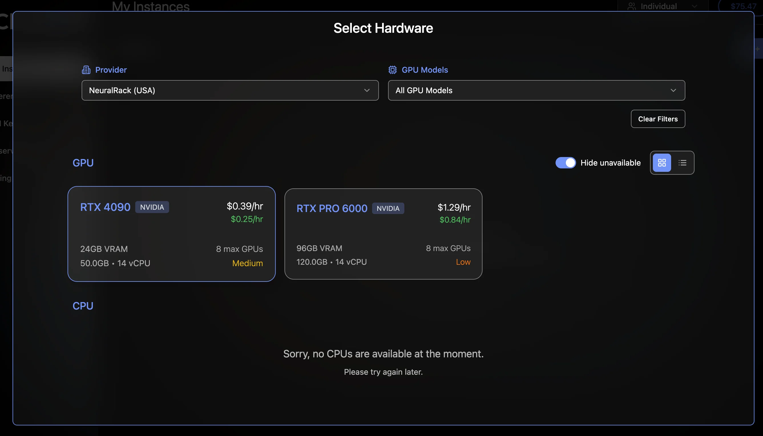 Choose your preferred GPU model