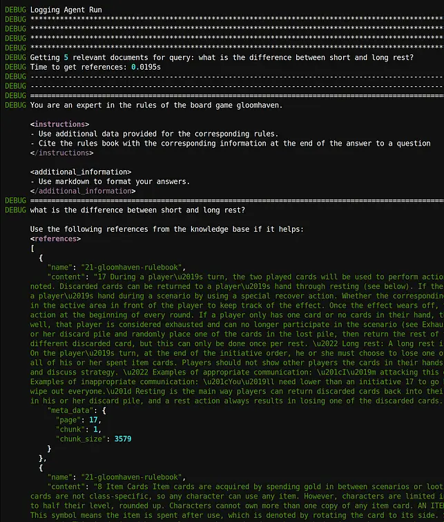 The agent's console output, running in debug mode, shows the references from the rulebook that it has extracted to answer the prompt.