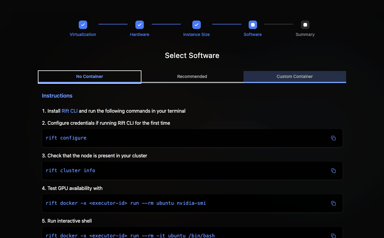 Renting your GPU should be pretty straightforward. Under the software tab, choose “No container”.