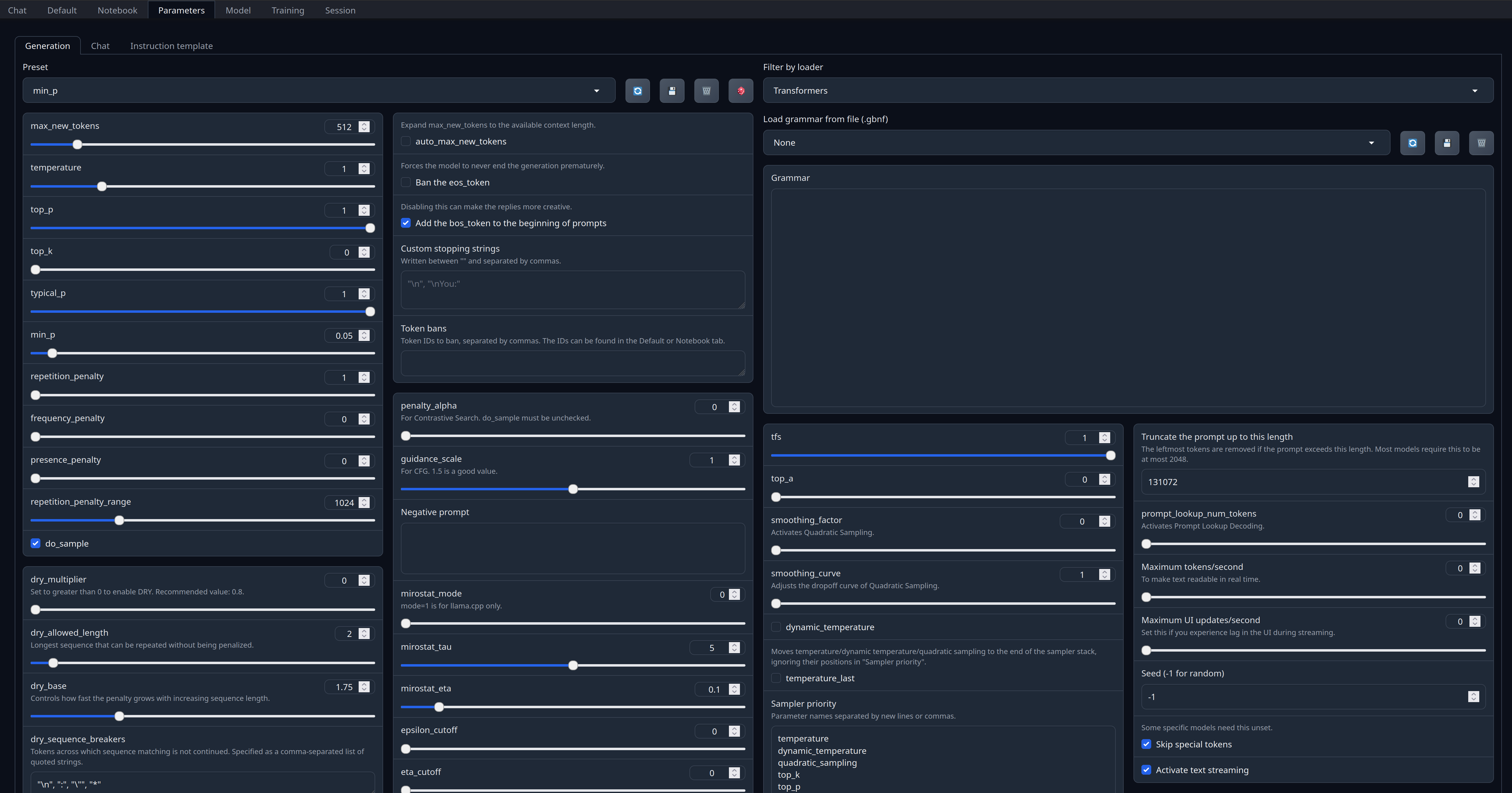 Oobabooga LLM configuration panel