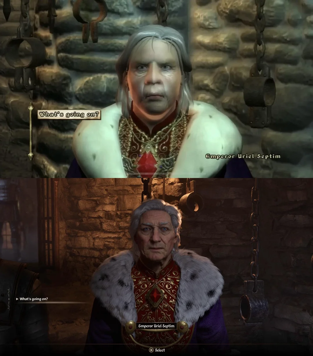 The "ugly" by today's standards non-remastered Oblivion looked gorgeous in 2006. It has won the "Best Graphics" and "Best Technology" awards from several gaming websites. Notice how the bump mapping algorithm was leveraged to create the illusion of bumps on the wall and wrinkles on the emperor's face. In the original version, the wall is entirely flat, and wrinkles are not modelled in the geometry.