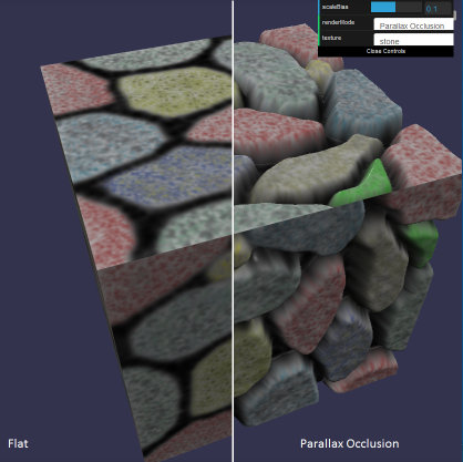 Parallax Occlusion Mapping technique. The cube's surface is entirely flat, but it appears to have details - image from babylon.js