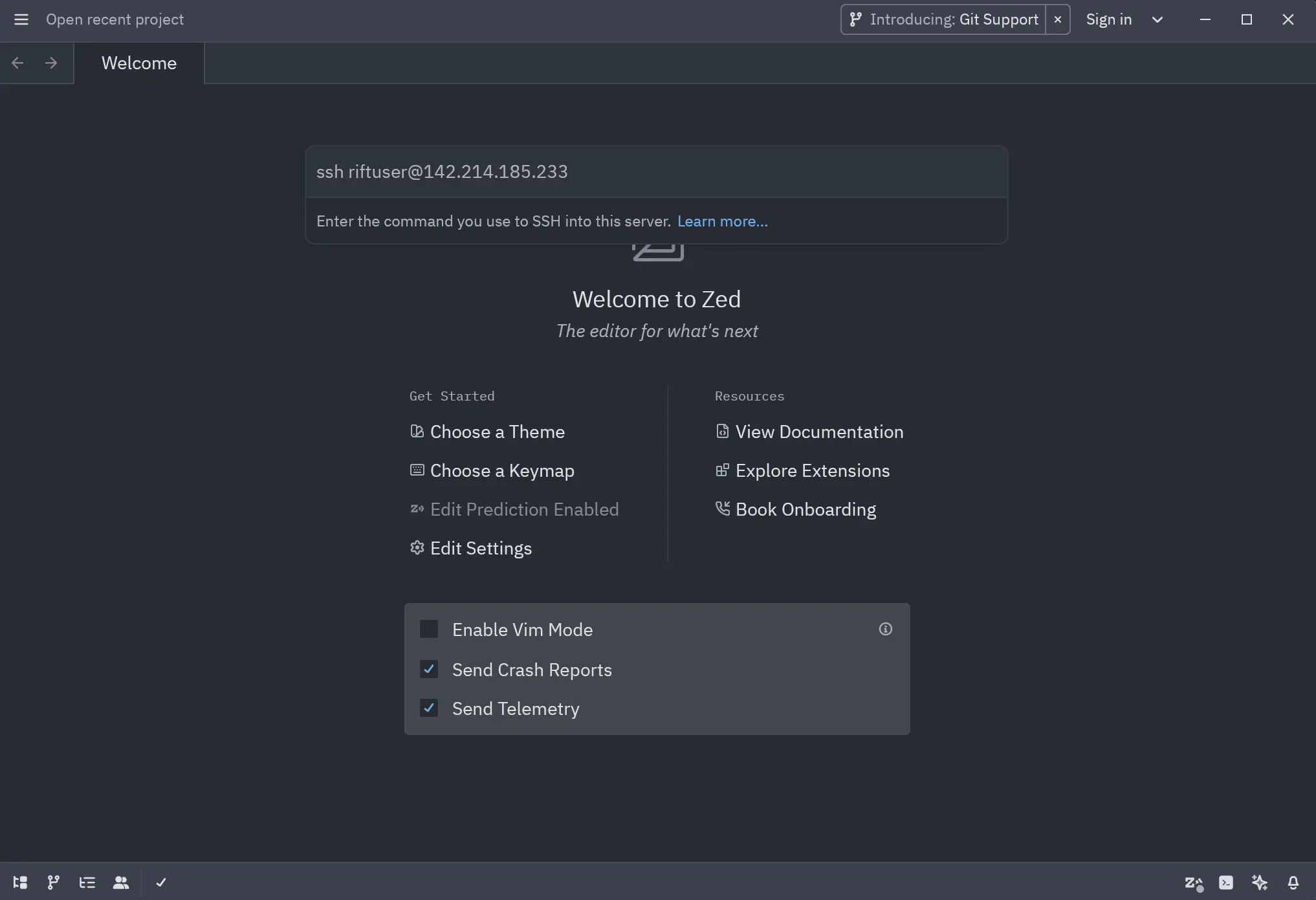 Connecting to a remote server using Zed